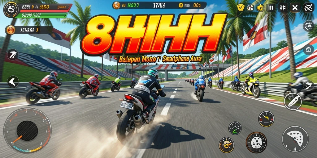 Screenshot gameplay <strong>8HHH</strong> menampilkan balapan motor yang menegangkan.