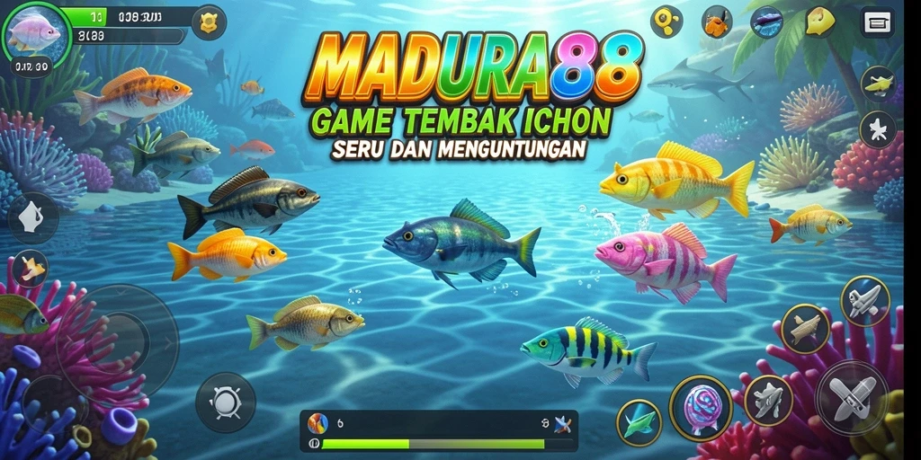 Tampilan gameplay <strong>MADURA88</strong> dengan aksi menembak ikan yang seru.