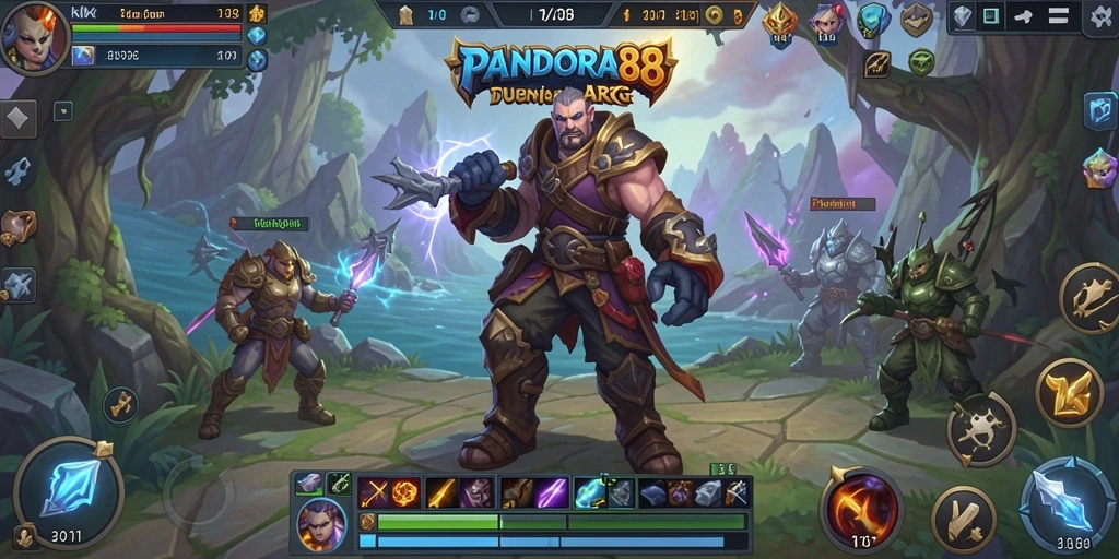 Tampilan gameplay PANDORA88 saat karakter bertarung melawan monster epik.