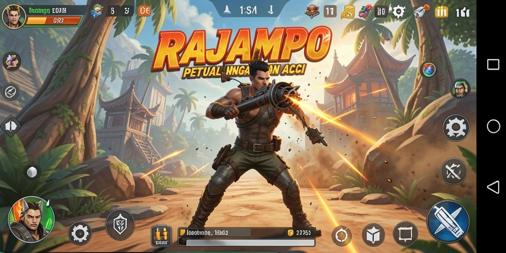 Screenshot utama RAJAMPO menunjukkan aksi seru dalam pertempuran.