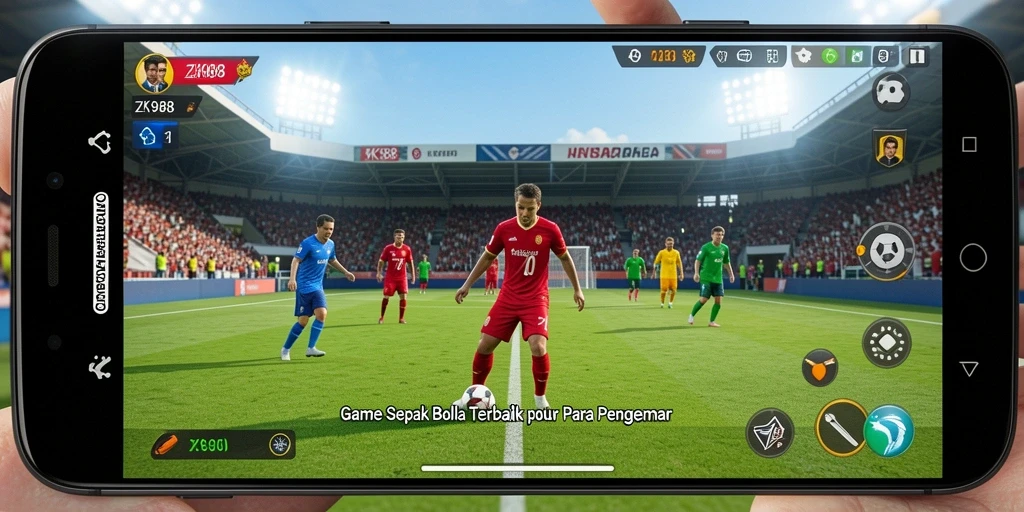 Tangkapan layar utama ZK988 menampilkan aksi seru di lapangan sepak bola.